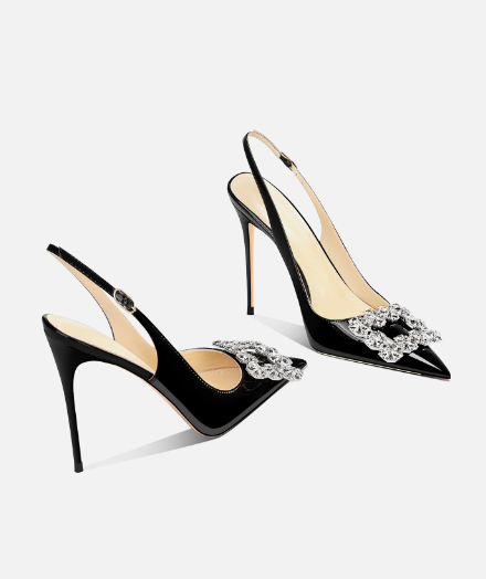 Rhinestone Sandal Women - Black Rhinestone Square Buckle High-Heeled Shoes