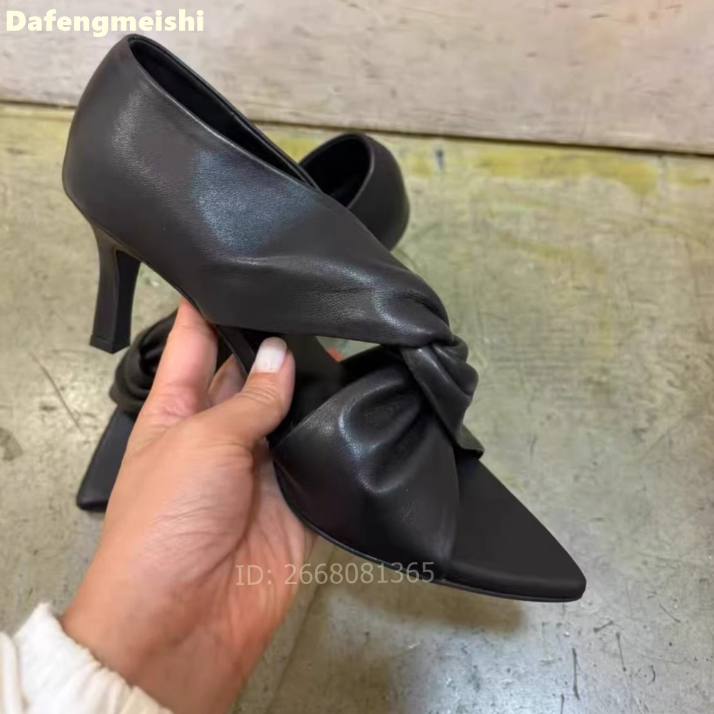 Women'S Shoes Kitten Heels - Women Black Leather Twisted Knot Sandals
