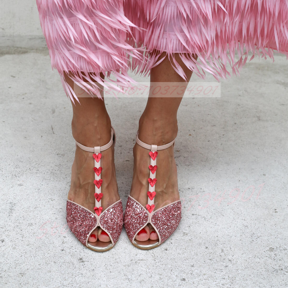 Metallic Heel Sandal - Pink Glitter Heart-Shaped Heeled Sandals Women