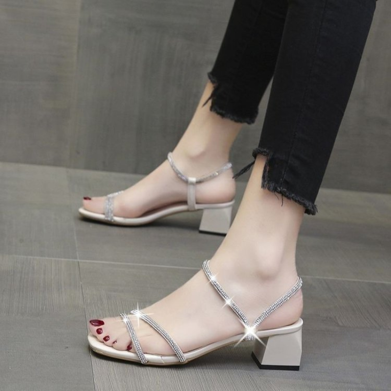 Rhinestone Sandal Women - Women's Square Toe Rhinestone Mid-Heel Sandals,